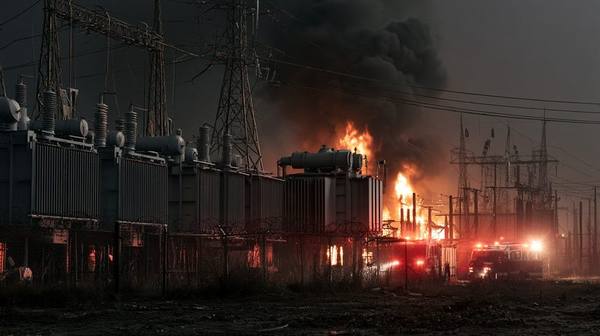 Electrical substation on fire at night with fire trucks responding