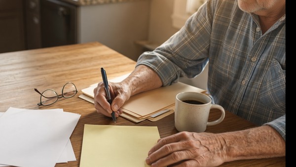 An older man writing at a kitchen table with an open folder, legal pad, glasses and coffee