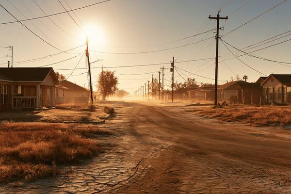 Suburban Texas neighborhood in extreme summer heat with cracked earth and blazing sun