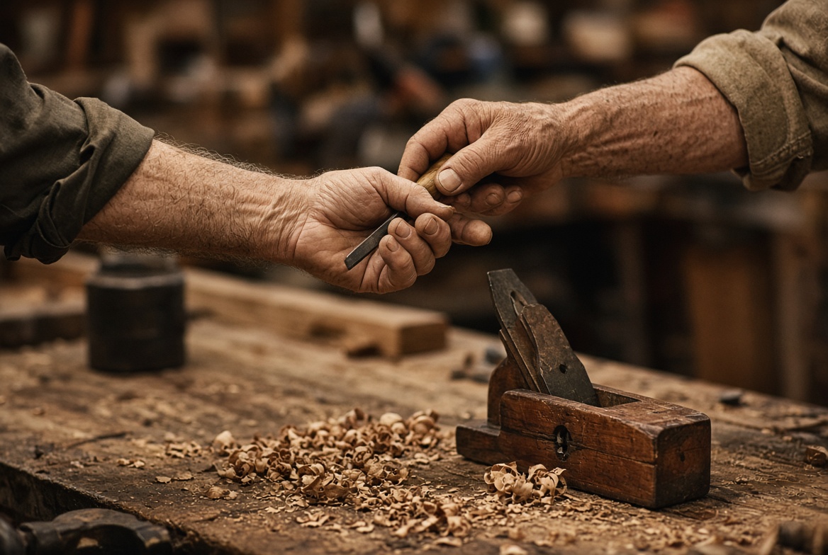 Two older men’s hands at a workbench, one passing a chisel to the other over wood shavings