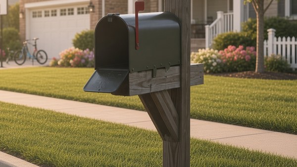 An open and empty rural mailbox on a wooden post at the edge of a lawn in morning light