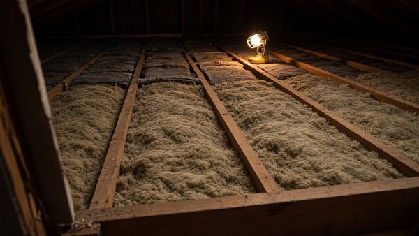 An attic with half its joist bays filled with thick new insulation and the far half bare, a work light standing between them