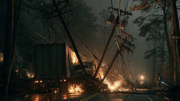 Semi truck crashed into utility poles at night with downed power lines and sparks on wet road