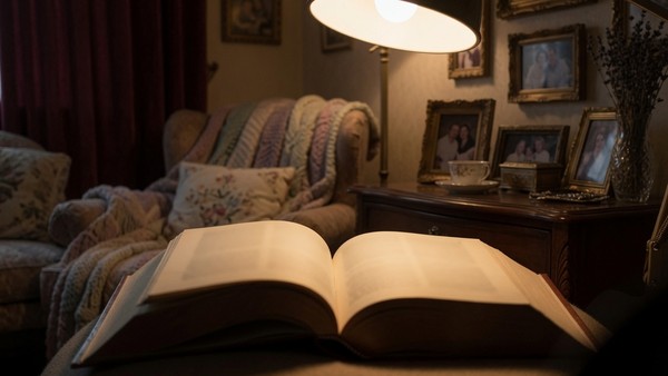 An open book on a side table under the warm pool of a reading lamp in a dim room