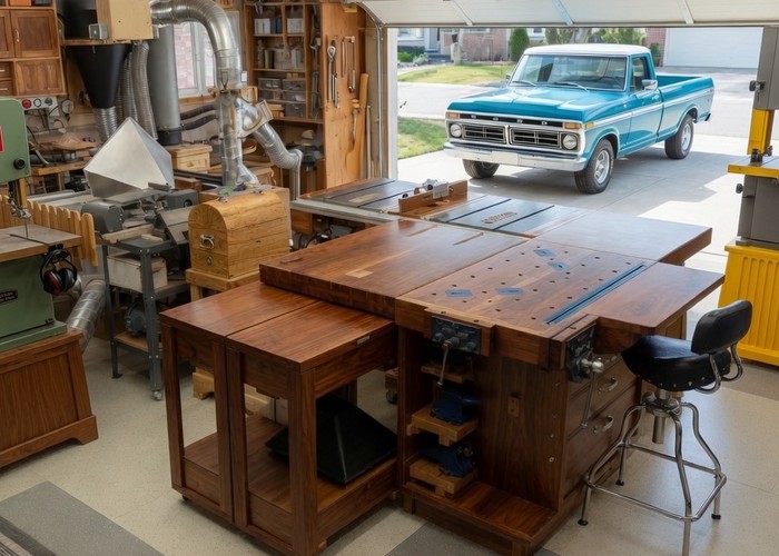A home woodworking shop in a garage with machines and benches arranged along the walls