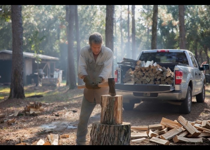 A man splitting firewood beside a pickup truck already loaded with split wood, in a clearing among pines