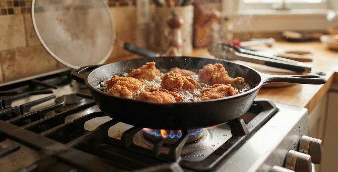 Fried chicken pieces sizzling in a cast iron skillet over a gas flame
