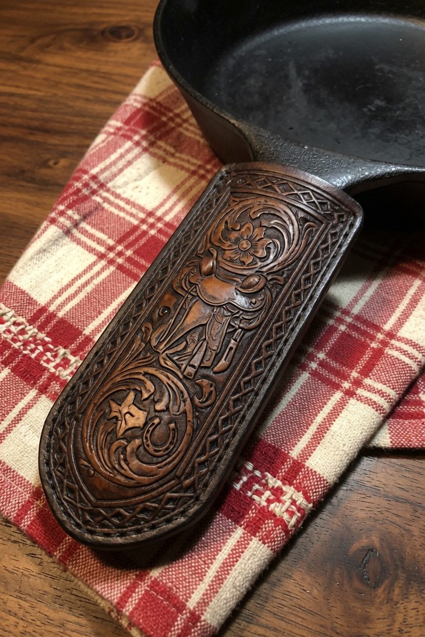 A tooled brown leather handle cover resting on a red plaid kitchen towel beside the handle of a black cast iron skillet