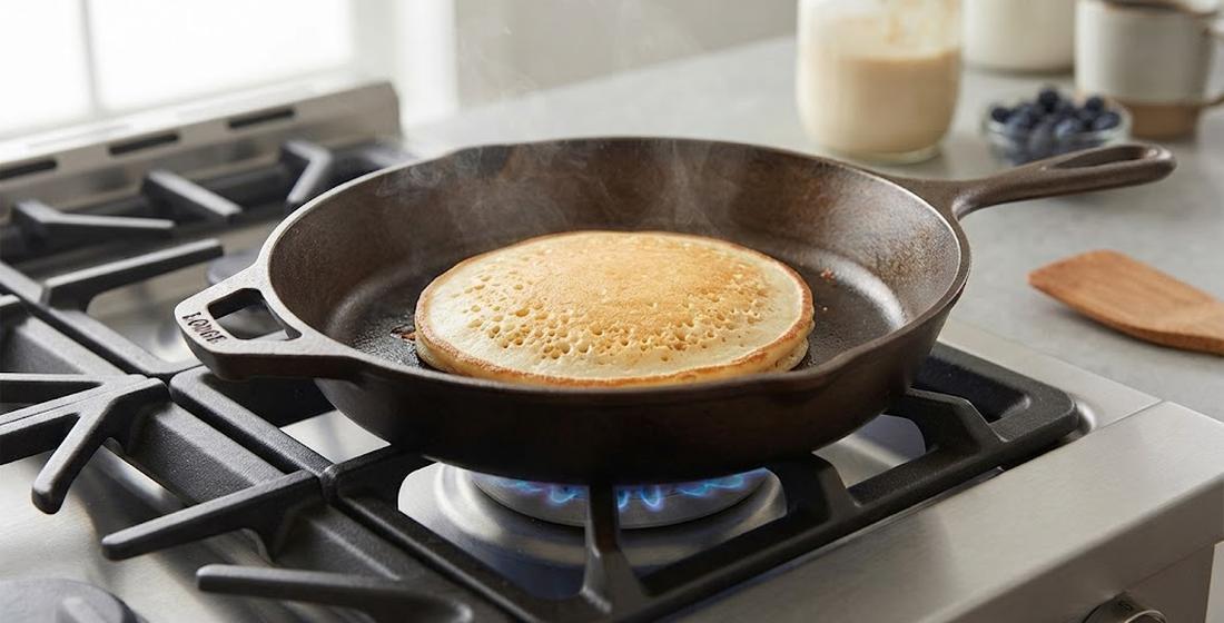 A golden pancake cooking in a Lodge cast iron skillet on a gas burner — breakfast made the same way for decades