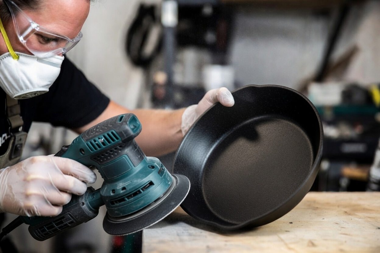 A person in safety glasses, a dust mask, and gloves smoothing the pebbly interior of a new cast iron skillet with an orbital sander at a workbench