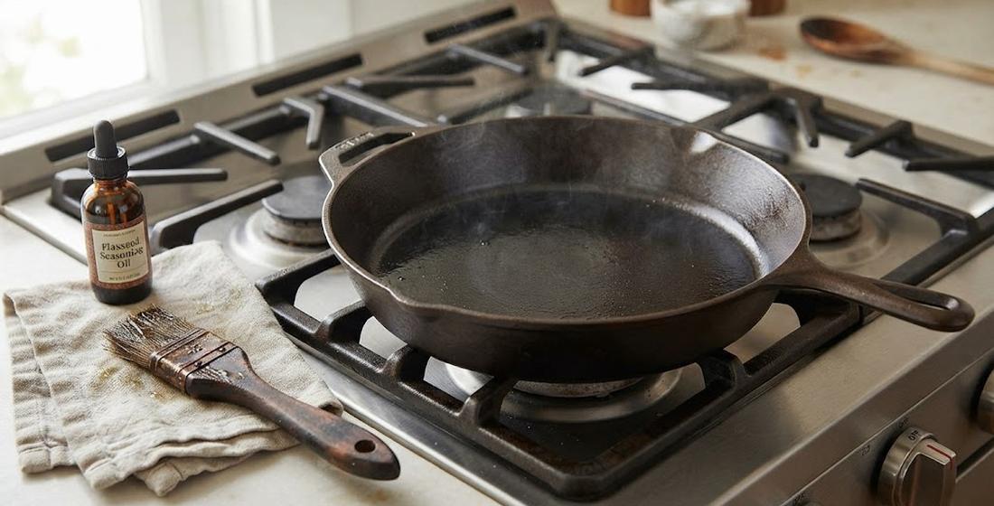 Cast iron skillet on a gas stove with flaxseed seasoning oil and a pastry brush beside it — the daily ritual that keeps a pan for life