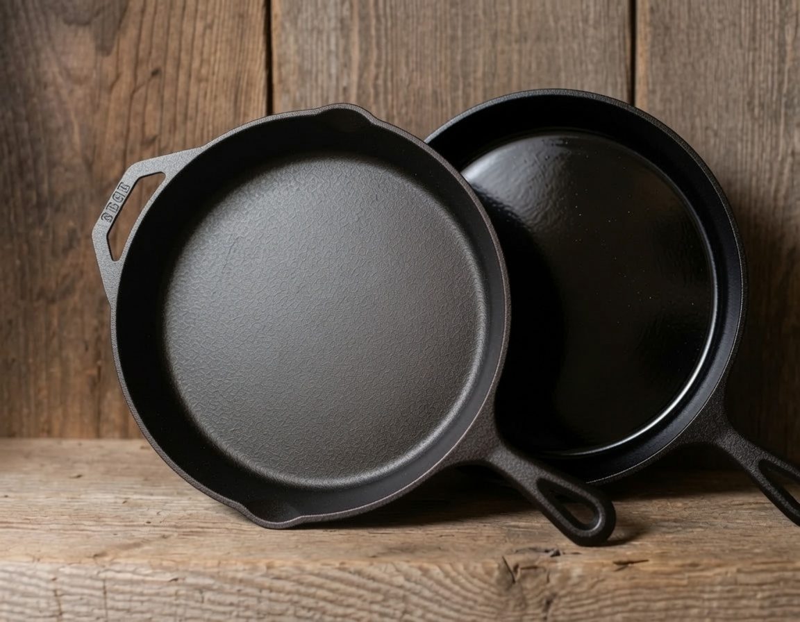 Two cast iron skillets side by side on a wooden shelf, the one on the left with a rough sandy pebbled cooking surface and the one on the right worn smooth and glossy