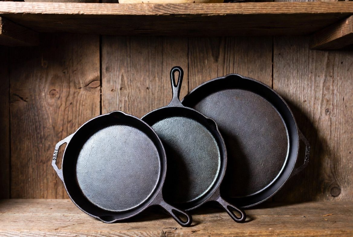 Three new black cast iron skillets in small, medium, and large sizes stacked on a kitchen counter