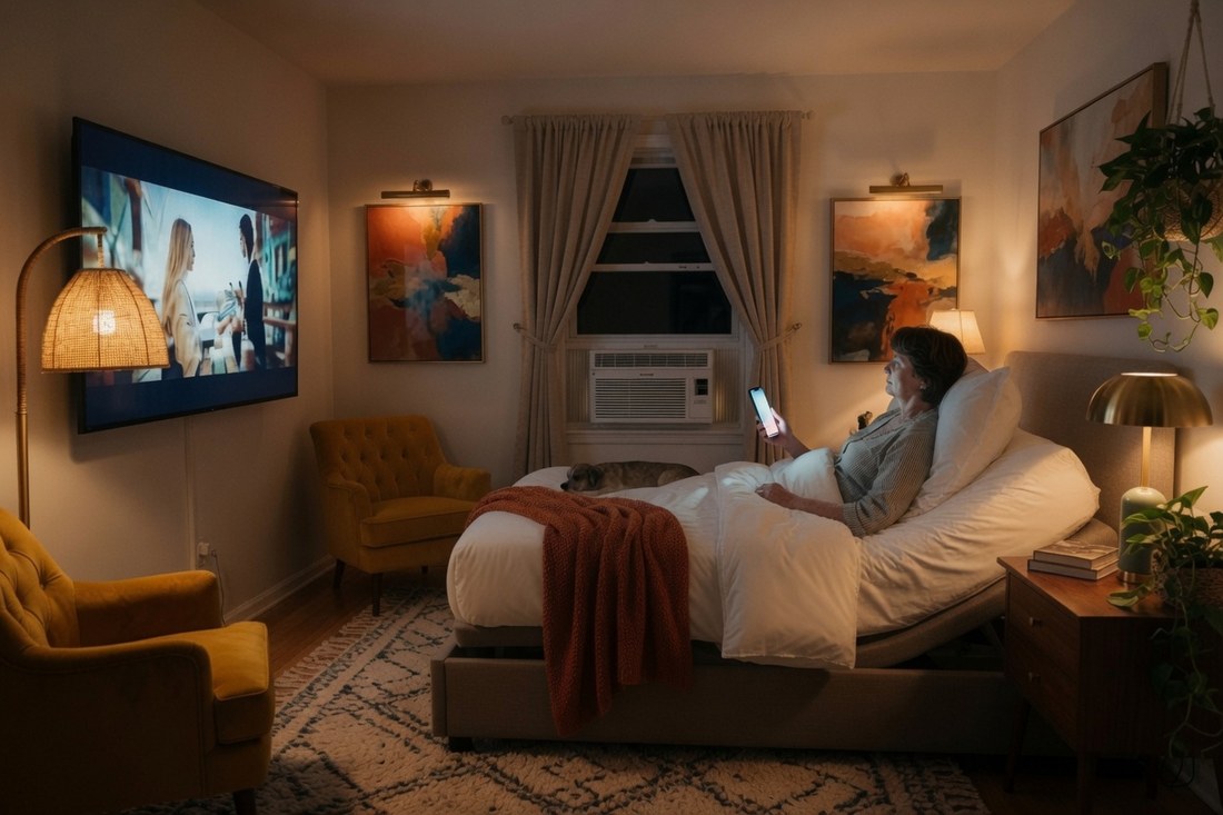 A mature woman sitting upright in an adjustable bed at night holding her phone, a movie playing on the wall-mounted television across the room, a small dog curled on the blanket and a window air conditioner installed in the bedroom window