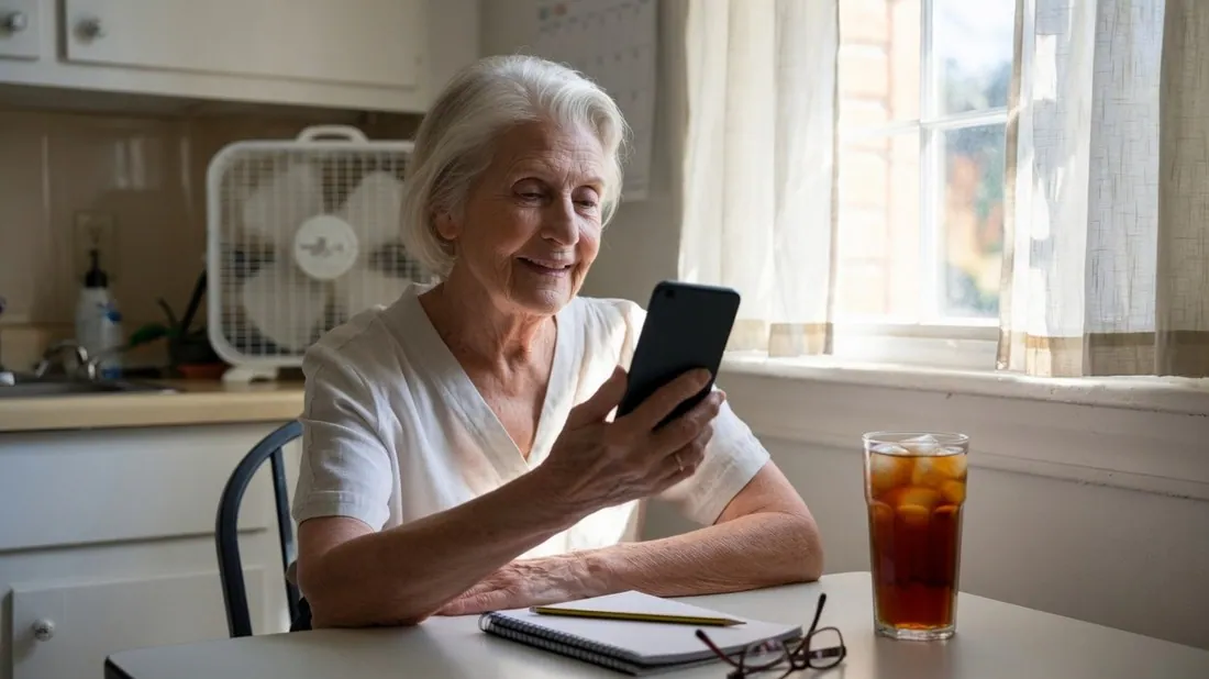 A silver-haired woman at a tidy kitchen table in bright morning light, smiling as she makes a phone call, a notepad and reading glasses in front of her and a box fan on the counter behind