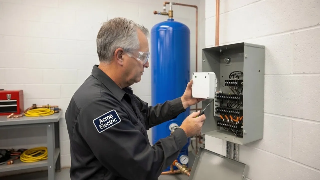 A gray-haired electrician in safety glasses mounting a small white pump protection device beside an open control box near a blue well pressure tank, holding the device in one hand and a screwdriver in the other