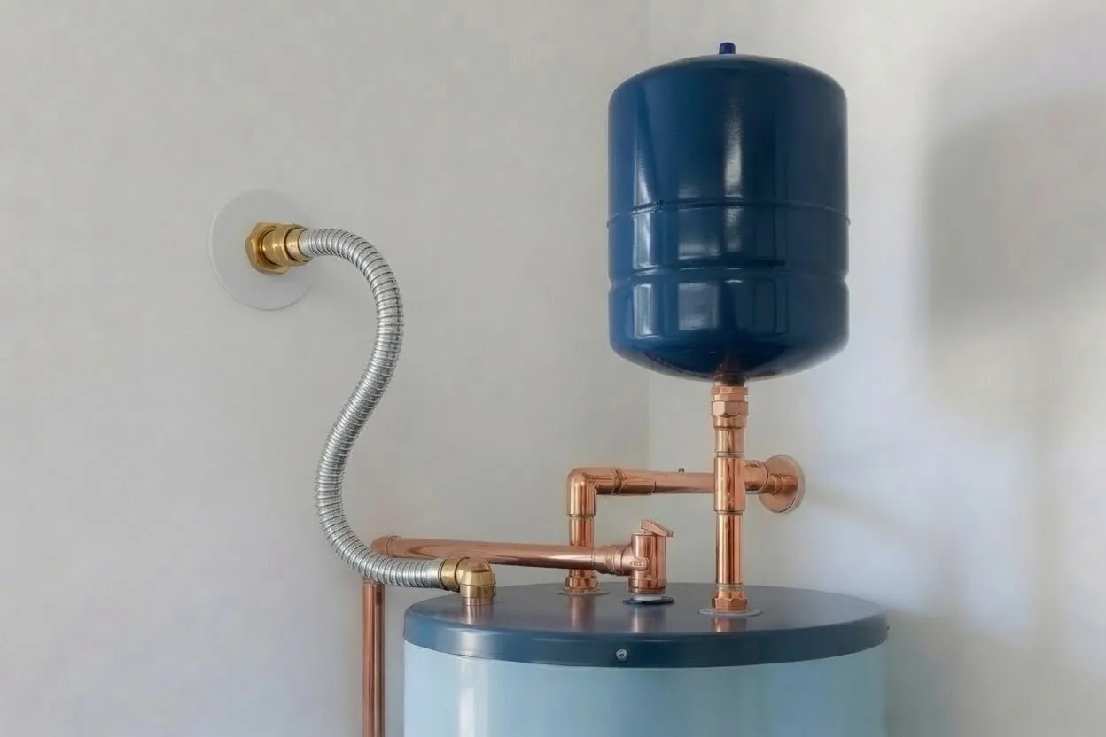 A residential electric water heater with a small dark-blue thermal expansion tank mounted on the copper piping above it and a flexible stainless supply line running to the wall