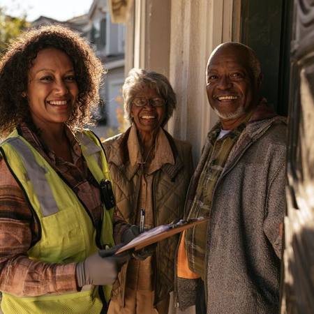 FEMA community worker helping elderly couple at their front door