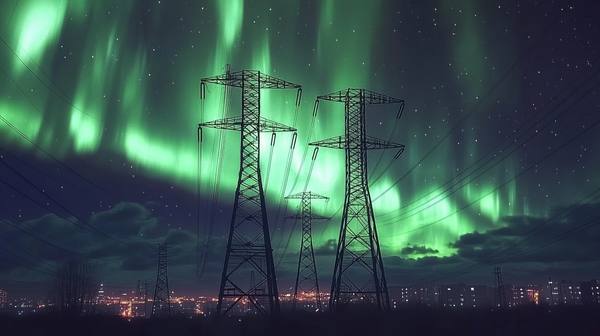 Massive aurora borealis filling the night sky over a blacked-out city skyline — geomagnetic storms from solar coronal mass ejections can collapse regional power grids in 90 seconds with only minutes of warning