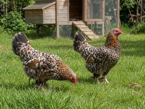 Two speckled bantam hens foraging on a lawn in front of a small backyard coop