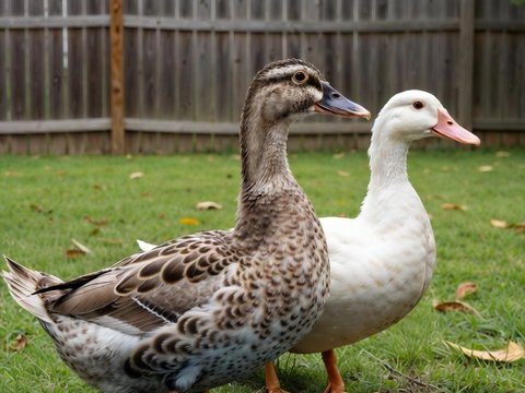 Two backyard ducks, one brown and one white, standing beside a blue kiddie pool