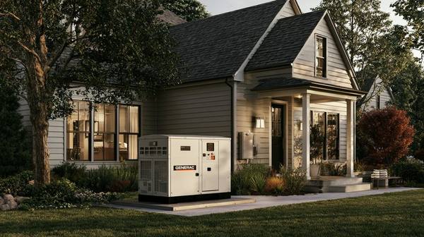 Generac whole-home standby generator installed beside a cottage-style home in autumn — the neighbor nobody knew had a generator, a nurse wife, and enough stored food to feed eight people