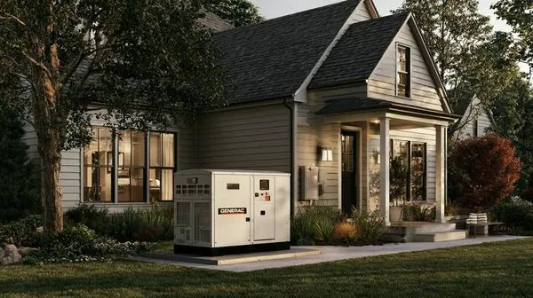 Whole-home standby generator beside cottage home in autumn — Tennessee tornado neighbor story