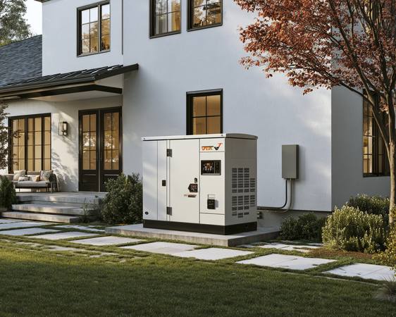 Generac whole-home standby generator installed on concrete pad beside modern home at dusk — automatically starts within 11 seconds of any power failure