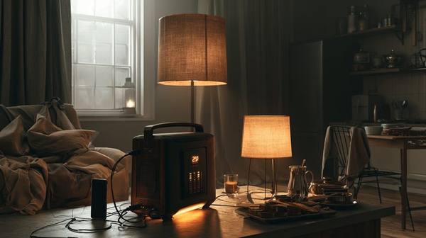 Portable power station glowing in dark living room during Kentucky ice storm outage