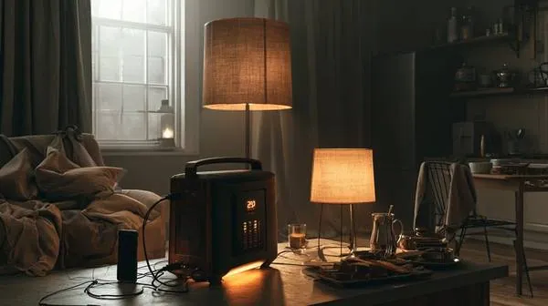 Portable power station glowing in dark living room during Kentucky ice storm outage
