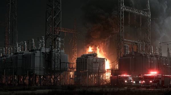 Electrical substation transformer on fire at night with fire trucks responding — substation fires can knock out power to tens of thousands of customers for days or weeks