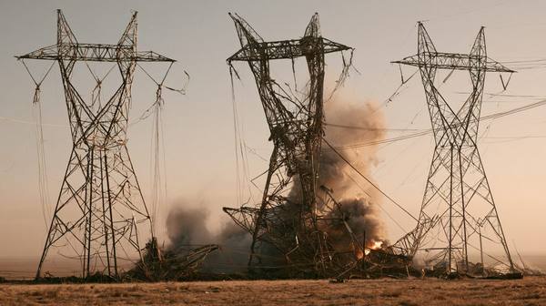 High-voltage transmission towers collapsed and on fire — aging grid infrastructure that has exceeded its design life is vulnerable to catastrophic failure without warning