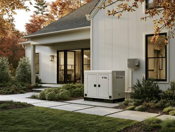 Whole-home standby generator beside a well-lit modern home at dusk — the kind of preparation that let Barbara keep her neighborhood powered through a nine-day hurricane blackout