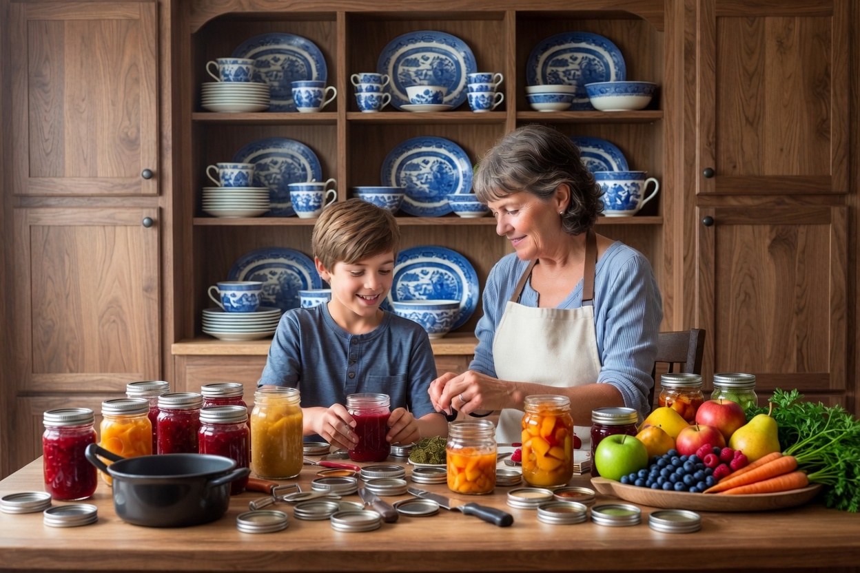 A gray-haired woman in an apron and a young boy filling Mason jars with colorful preserves at a wooden table