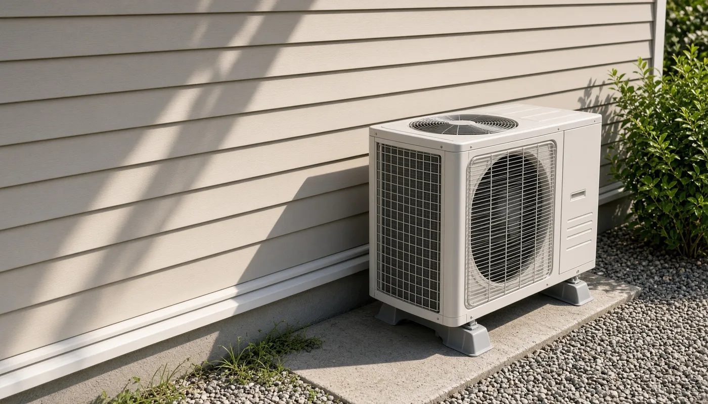 An outdoor air conditioning unit on a concrete pad beside the tan siding of a house on a sunny afternoon, with a green shrub beside it