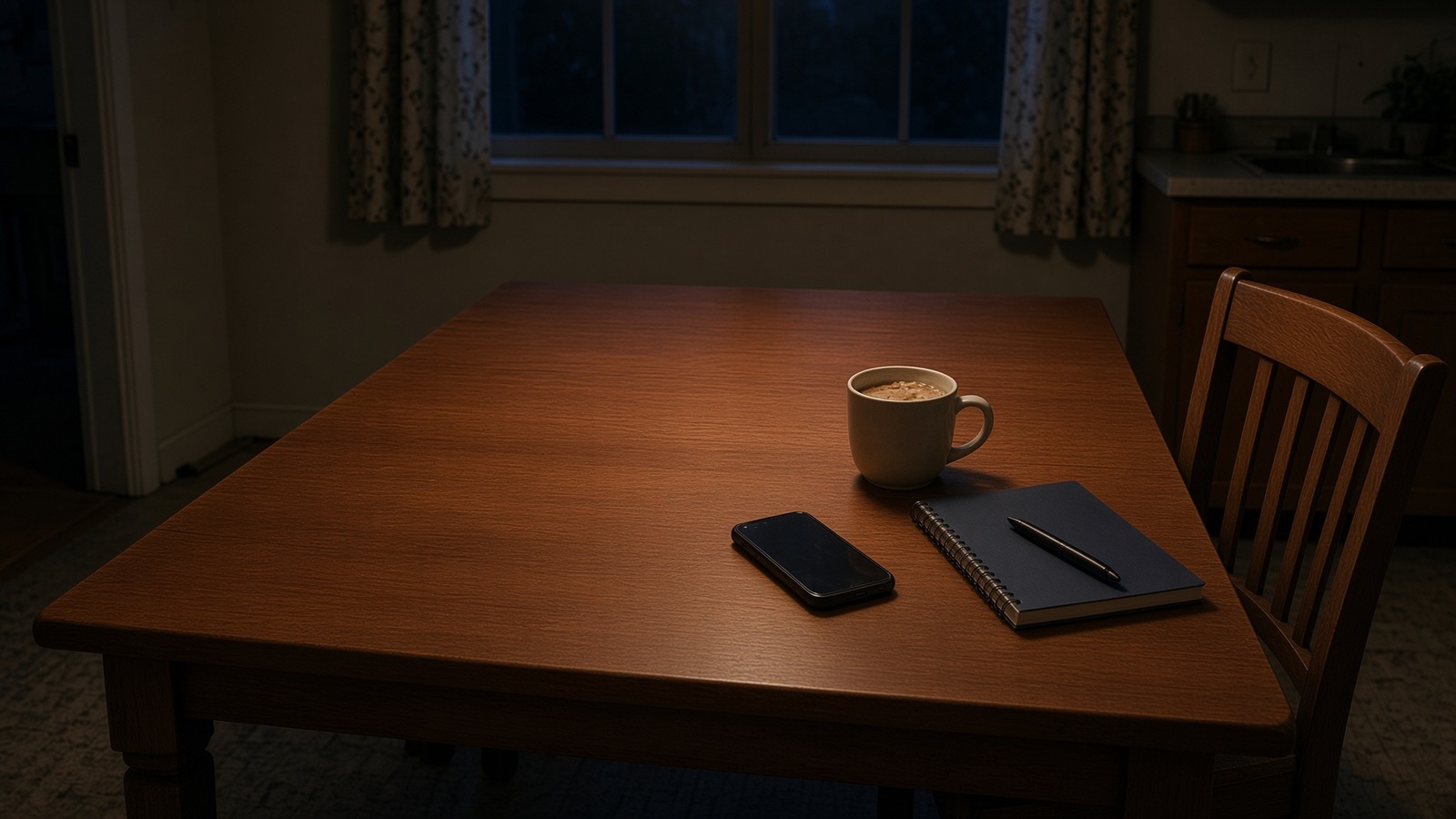 A kitchen table before dawn under a single lamp, a dark-screened phone lying on the wood, a mug of coffee gone cold, a closed spiral notebook with a pen across it, and a wooden chair standing empty at the end of the table