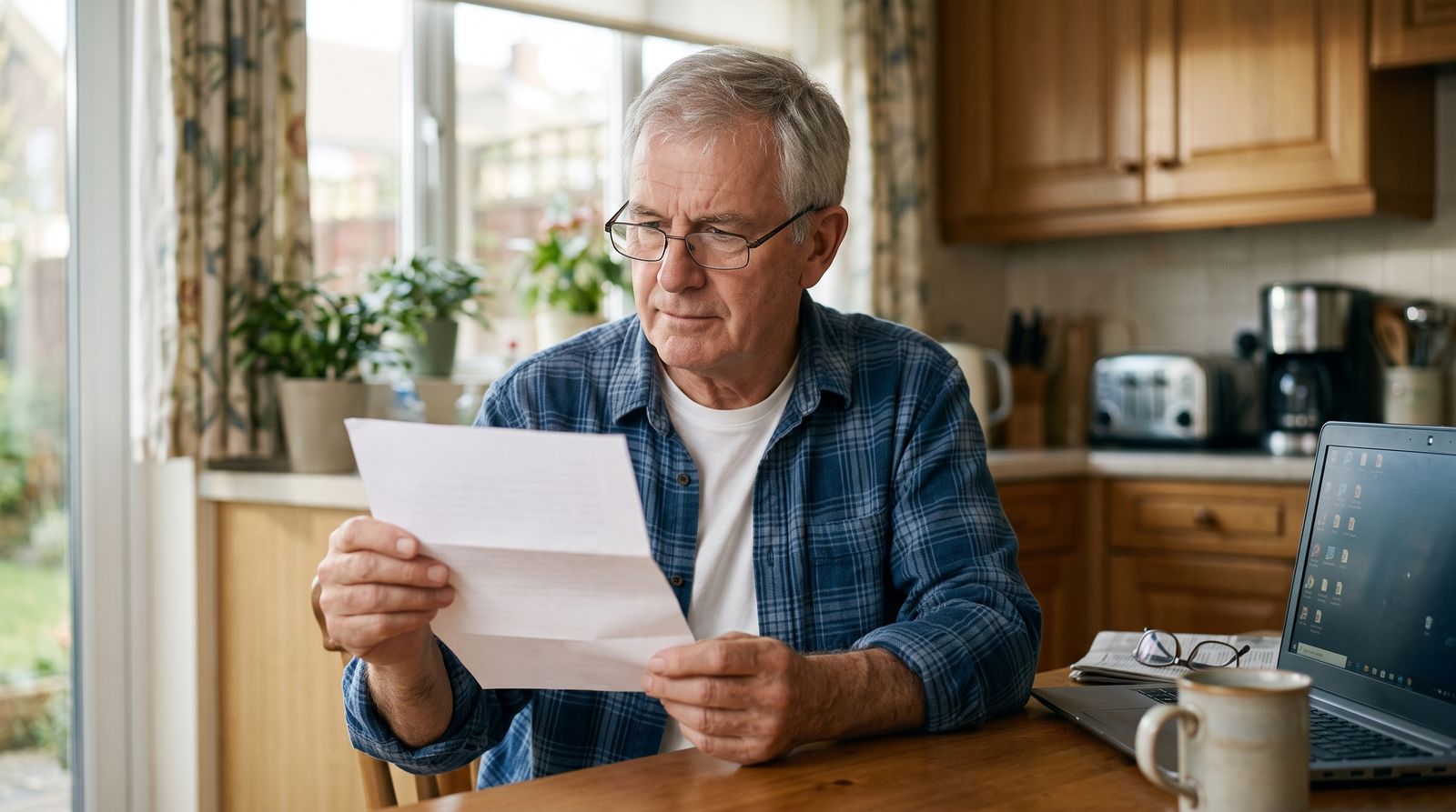 An older man in a plaid shirt sitting at his kitchen table in morning light, reading a letter he holds in both hands, with a laptop open and unattended beside him