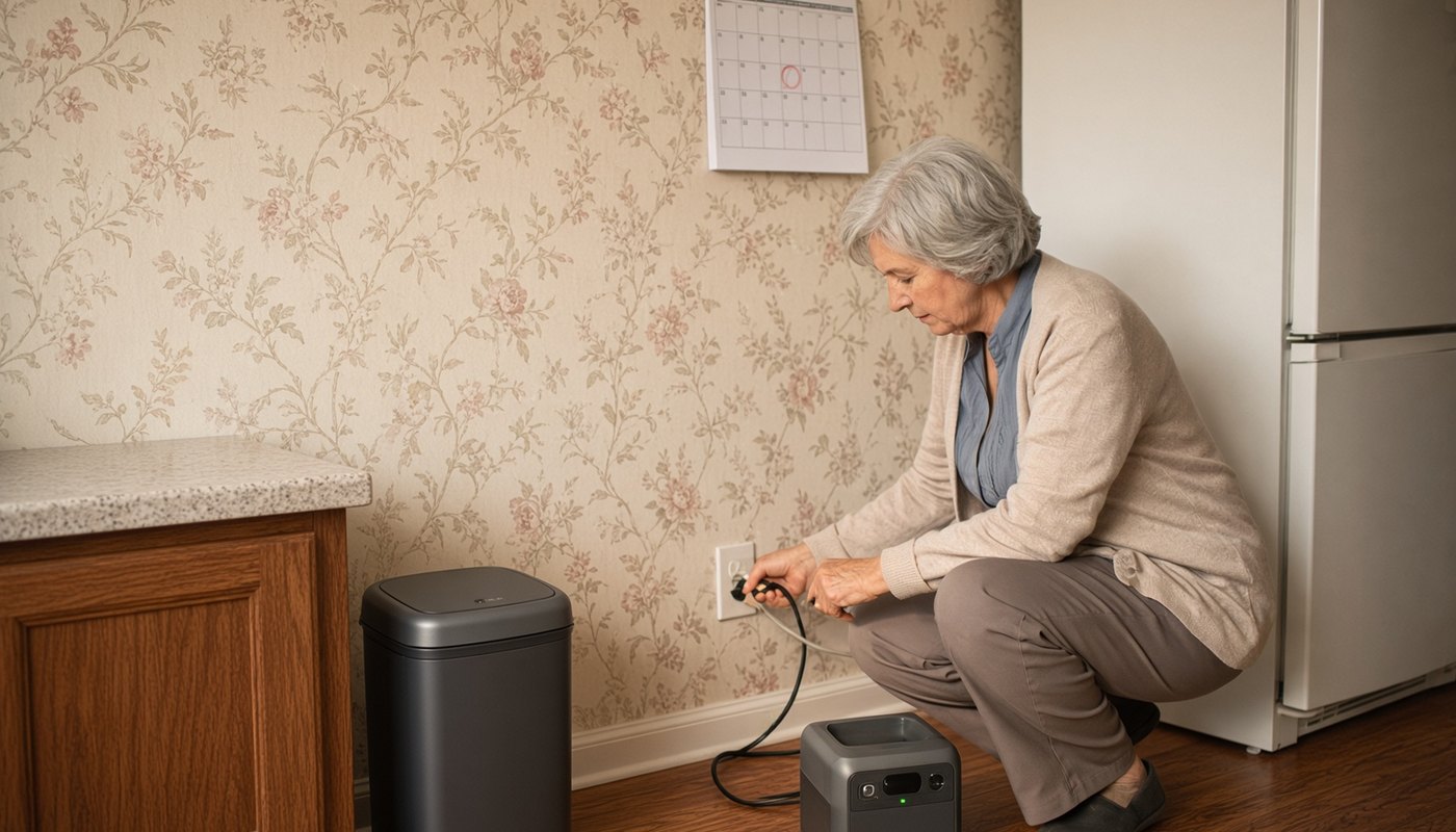 A silver-haired woman in a cardigan crouches beside her refrigerator in a wallpapered kitchen, plugging the cord of a small power station into the wall outlet, with a calendar on the wall above her and one date circled