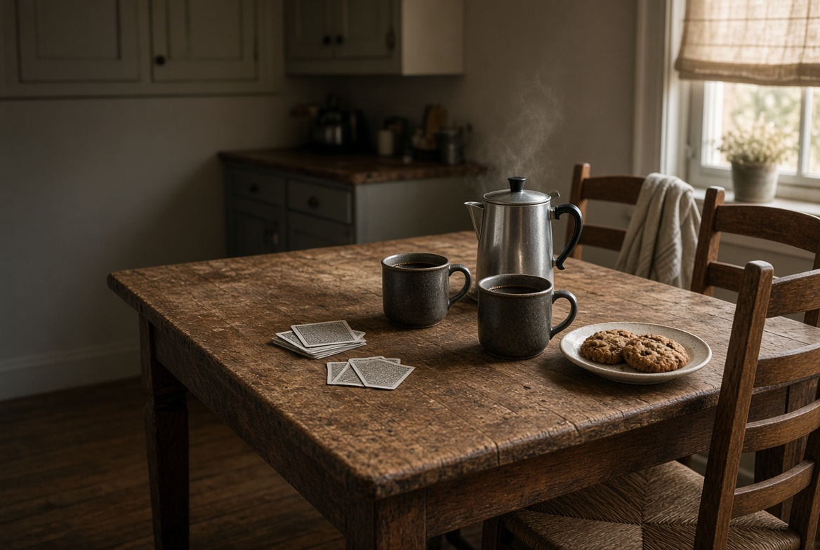 A kitchen table in morning light with a percolator, two mugs of coffee, two small stacks of playing cards and a plate of cookies