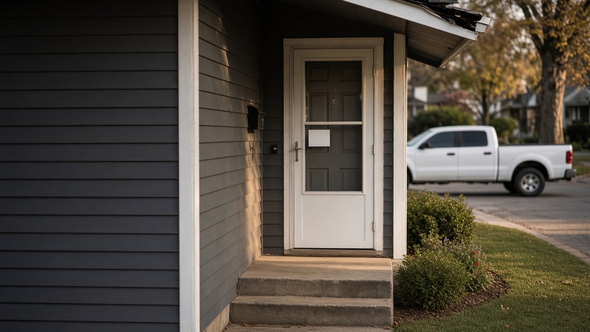The front door of an ordinary American house at the end of the day, a small blank white card wedged into the storm door at handle height, shingles torn loose at the roof edge above, and an unmarked white pickup truck parked at the kerb beyond the lawn