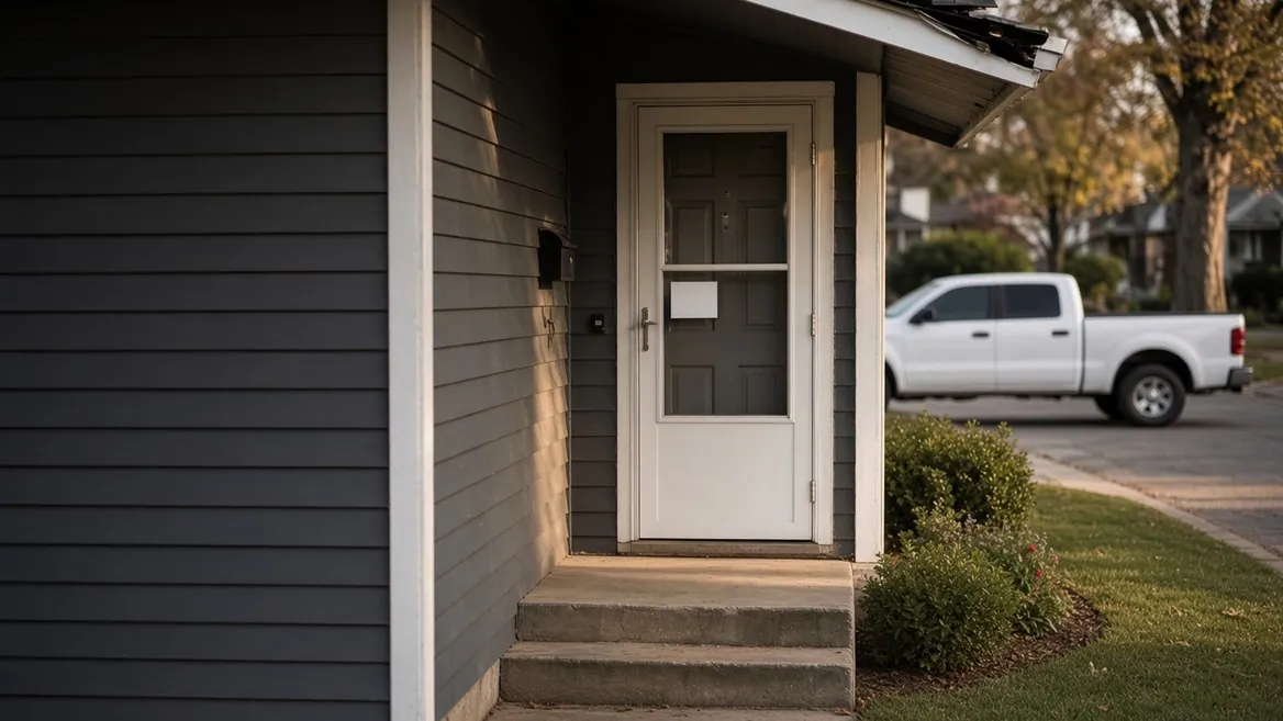 The front door of an ordinary American house at the end of the day, a small blank white card wedged into the storm door at handle height, shingles torn loose at the roof edge above, and an unmarked white pickup truck parked at the kerb beyond the lawn