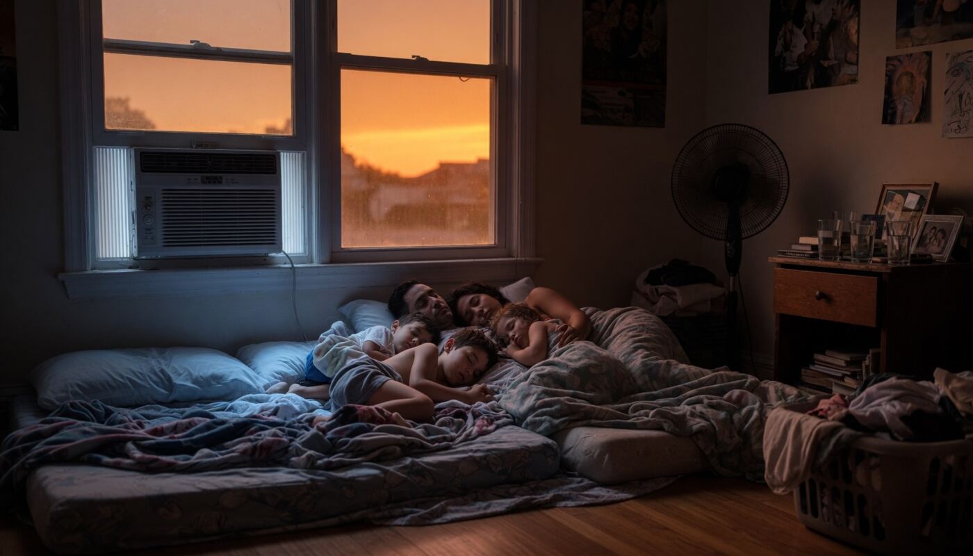 A family sleeping together on floor mattresses in one cool room, window air conditioner running while the heat glows orange outside