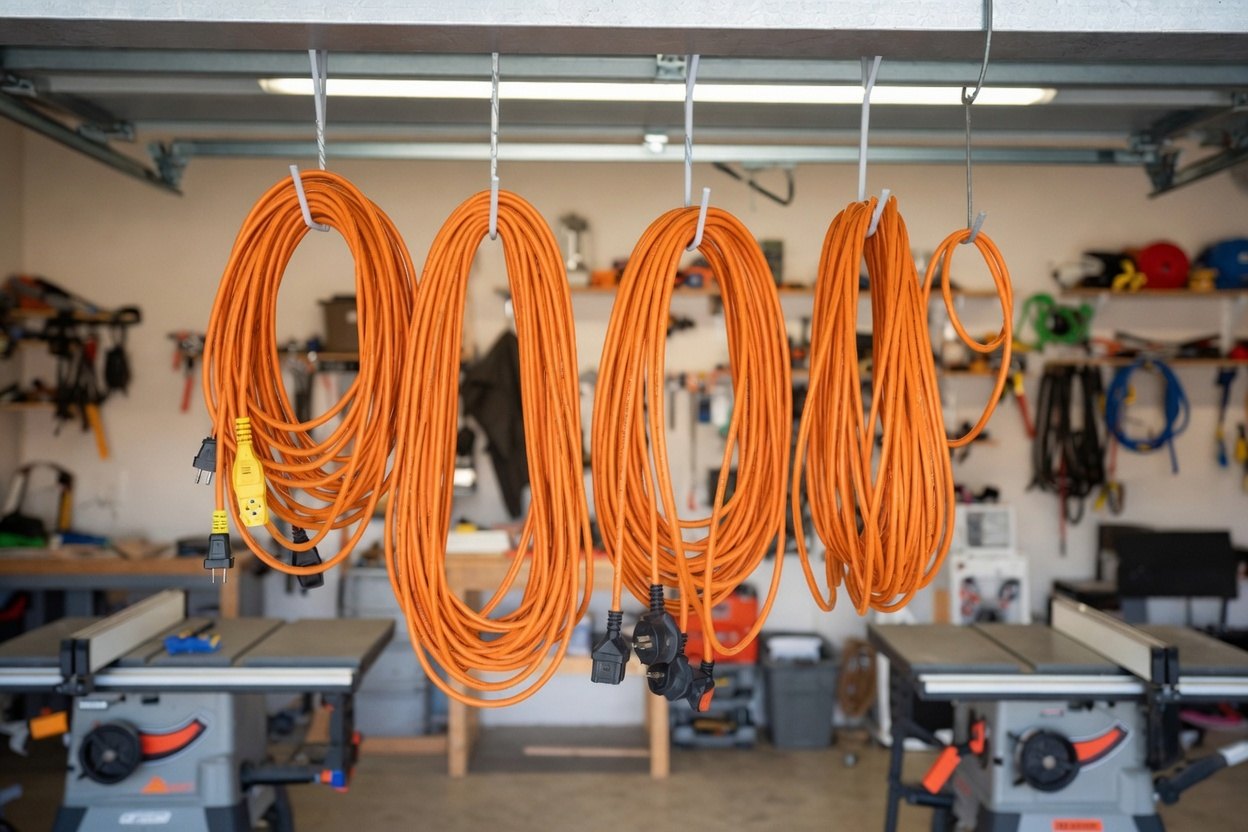 Five orange extension cords of different lengths coiled and hung on hooks along a garage wall above a workbench and table saws