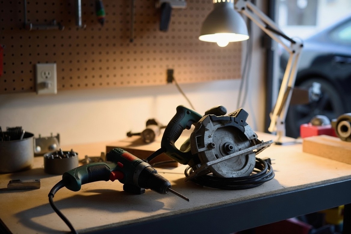 A corded electric drill on a garage workbench with its black cable running from the base of the handle across the bench, a corded circular saw behind it with its cord coiled beside it, under a work lamp