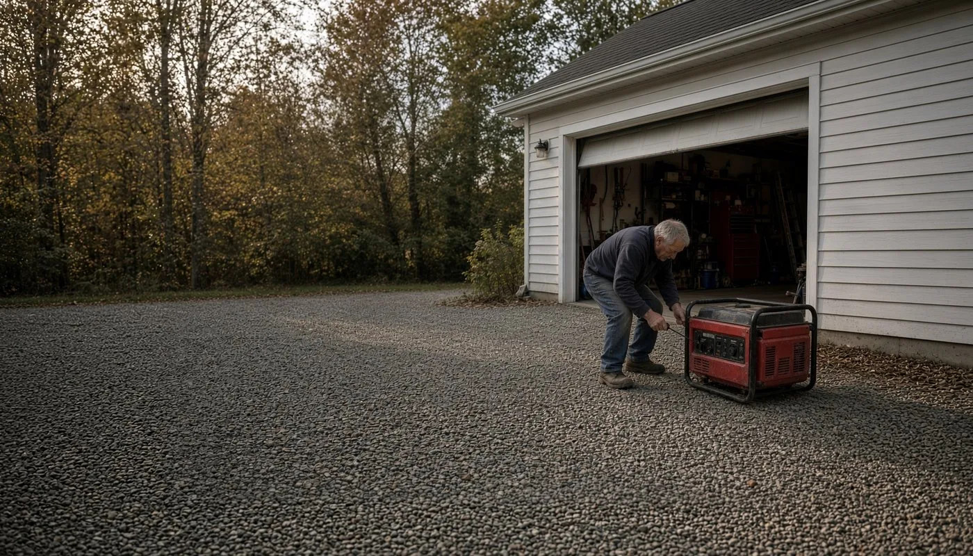 An older man bent over a red portable generator on a gravel driveway, pulling its starter cord, with an open garage full of tools behind him and autumn woods beyond