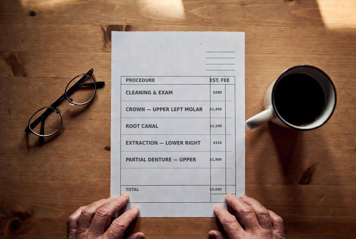 A dental treatment estimate lying flat on a kitchen table, listing a cleaning and exam, a crown, a root canal, an extraction and a partial denture with a total of five thousand and forty dollars, with reading glasses and a mug beside it and an older person’s hands at the edge of the page