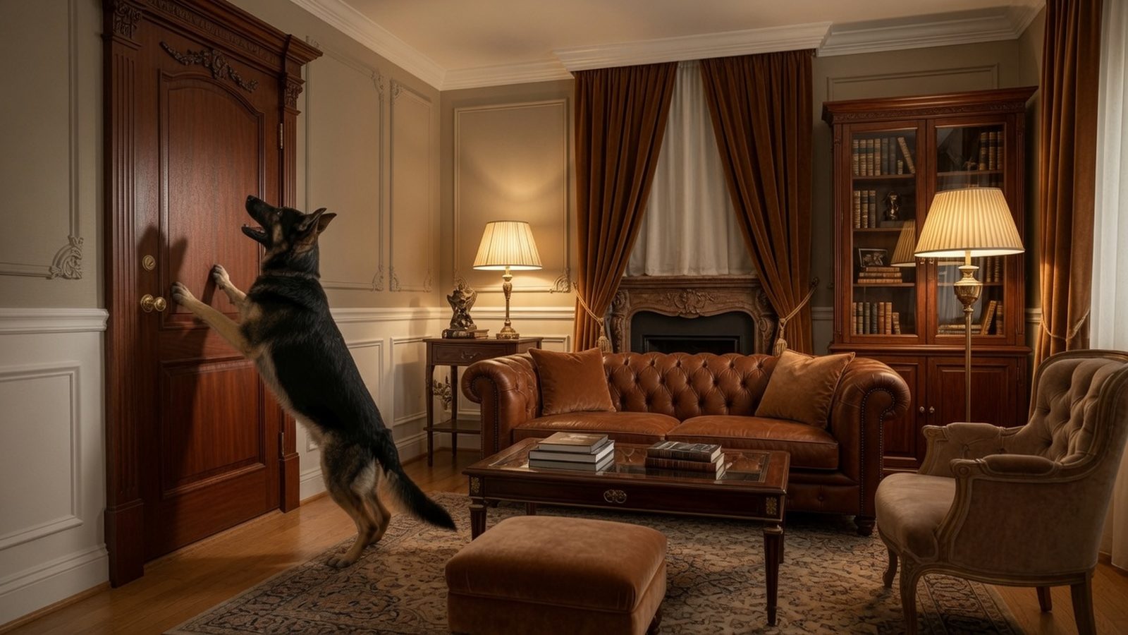 A dog with its front paws up against a closed interior door in a dimly lit room at night