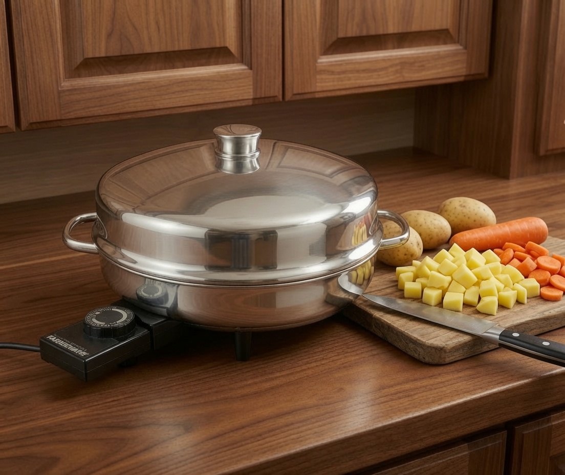 A stainless electric skillet with a domed lid and a thermostat control on a kitchen counter beside a cutting board of diced potatoes and carrots