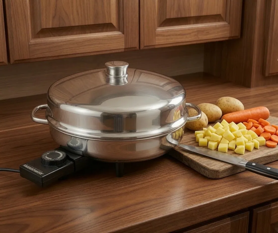 A stainless electric skillet with a domed lid and a thermostat control on a kitchen counter beside a cutting board of diced potatoes and carrots
