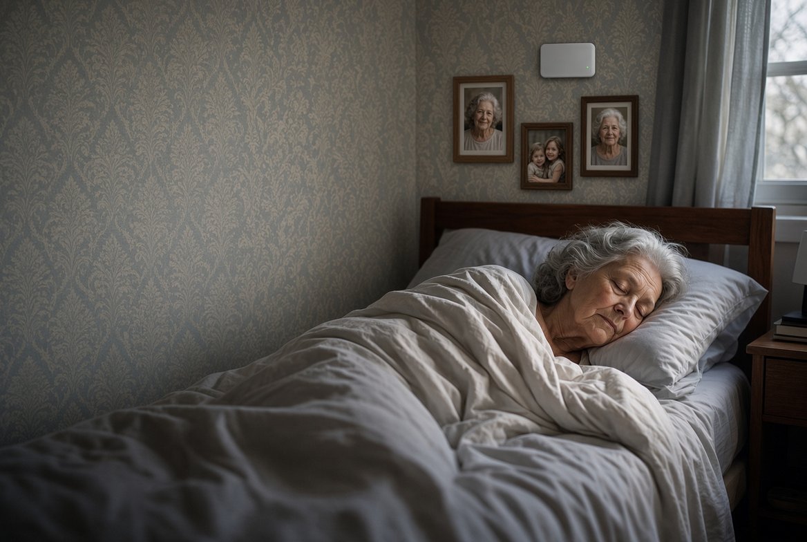 An older woman asleep in bed in the early morning, nothing on her wrist or around her neck, with a small plain white radar sensor on the wall above the family photographs